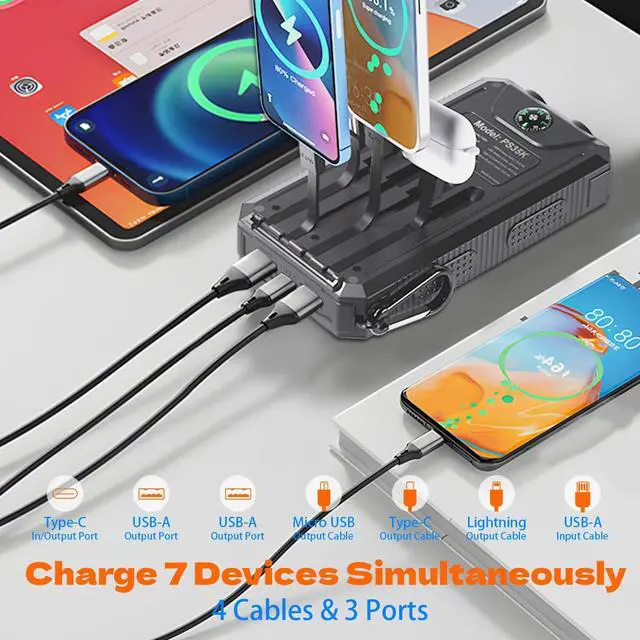 Alt view image 2 of 7 - Power Bank Solar Charger 20,000mAh, Portable Phone Charger, 4 Cables Outdoor Waterproof External Backup Power Charger with USB-C for Cell Phones, Solar Battery Pack with Dual Flashlight for Camping
