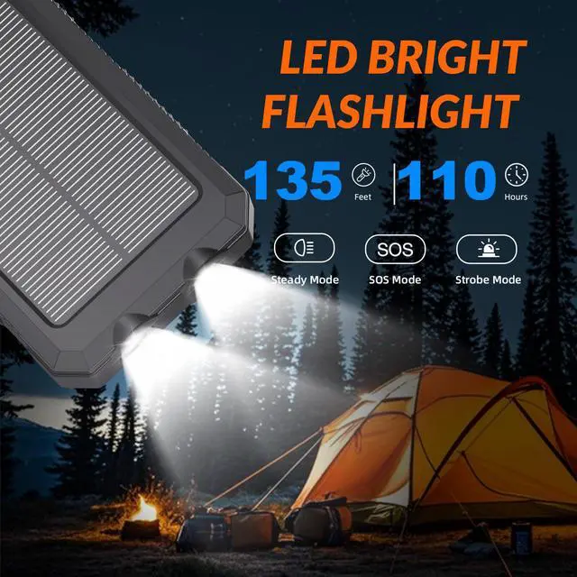 Alt view image 3 of 7 - Power Bank Solar Charger 20,000mAh, Portable Phone Charger, 4 Cables Outdoor Waterproof External Backup Power Charger with USB-C for Cell Phones, Solar Battery Pack with Dual Flashlight for Camping