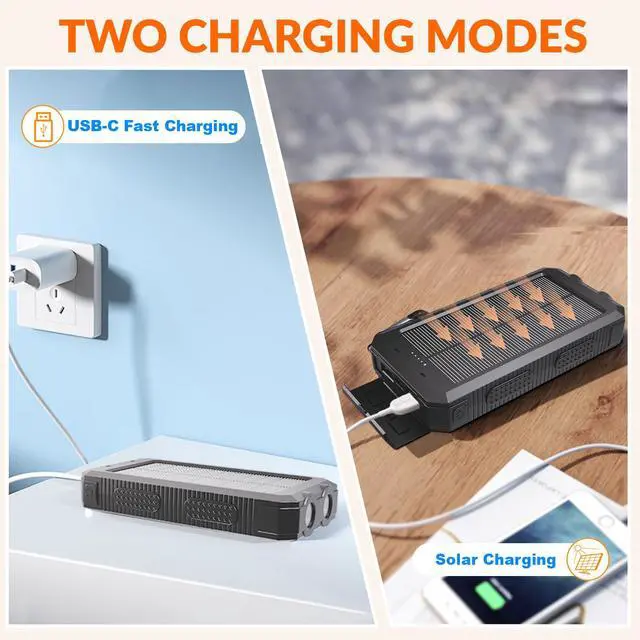Alt view image 4 of 7 - Power Bank Solar Charger 20,000mAh, Portable Phone Charger, 4 Cables Outdoor Waterproof External Backup Power Charger with USB-C for Cell Phones, Solar Battery Pack with Dual Flashlight for Camping