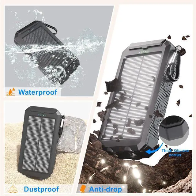Alt view image 5 of 7 - Power Bank Solar Charger 20,000mAh, Portable Phone Charger, 4 Cables Outdoor Waterproof External Backup Power Charger with USB-C for Cell Phones, Solar Battery Pack with Dual Flashlight for Camping
