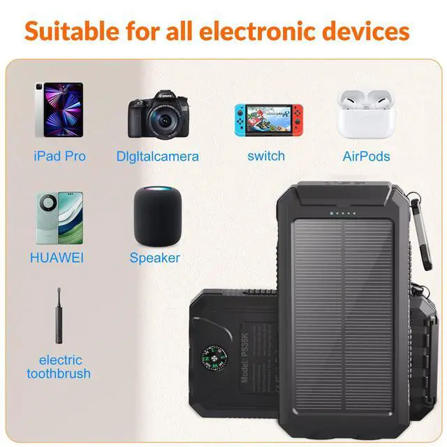Alt view image 6 of 7 - Power Bank Solar Charger 20,000mAh, Portable Phone Charger, 4 Cables Outdoor Waterproof External Backup Power Charger with USB-C for Cell Phones, Solar Battery Pack with Dual Flashlight for Camping