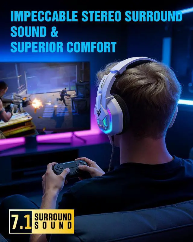 Alt view image 2 of 7 - Gaming Headset for PS5, PS4, Xbox Series X|S, Xbox One, PC, Switch, Mac - RGB Over-Ear Headphones with 7.1 Surround Sound, Noise Cancelling Mic, 50mm Drivers & Memory Earmuffs for Nintendo 64