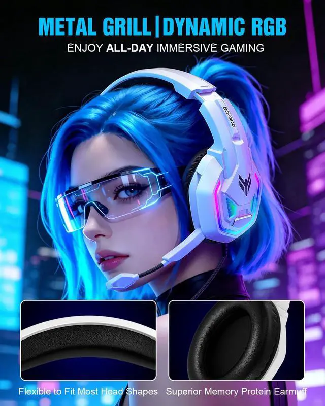 Alt view image 6 of 7 - Gaming Headset for PS5, PS4, Xbox Series X|S, Xbox One, PC, Switch, Mac - RGB Over-Ear Headphones with 7.1 Surround Sound, Noise Cancelling Mic, 50mm Drivers & Memory Earmuffs for Nintendo 64