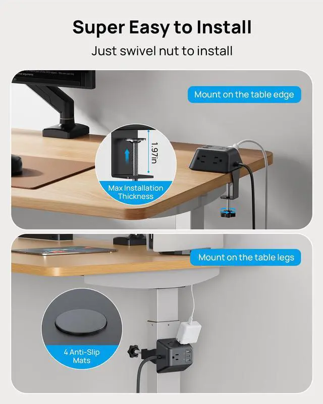 Alt view image 3 of 7 - Desk Clamp Power Strip, Surge Protector with 5 AC Outlets and 3 USB Ports, Desk Mount Charging Station, Fit 1.97in Tabletop Edge Thick, 6FT Extension Cord, for Home Office Gaming Accessories, Black