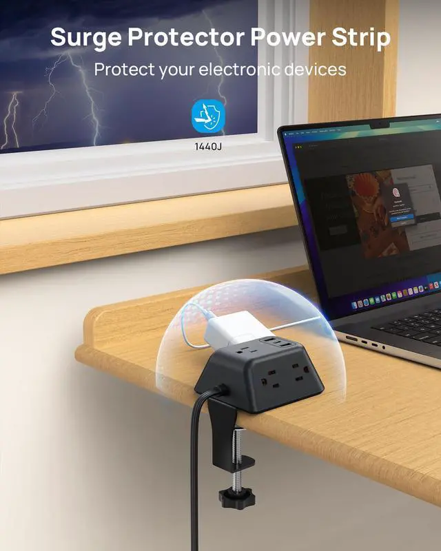 Alt view image 6 of 7 - Desk Clamp Power Strip, Surge Protector with 5 AC Outlets and 3 USB Ports, Desk Mount Charging Station, Fit 1.97in Tabletop Edge Thick, 6FT Extension Cord, for Home Office Gaming Accessories, Black