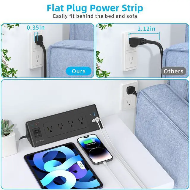 Alt view image 4 of 7 - Desk Clamp Power Strip with USB C, Desk Charging Station with 4 Outlets 4 USB Ports, Desktop Mounted Power Strip Surge Protector, 6.5ft Flat Plug Extension Cord, Fit 1.9 inch Tabletop Edge, Black