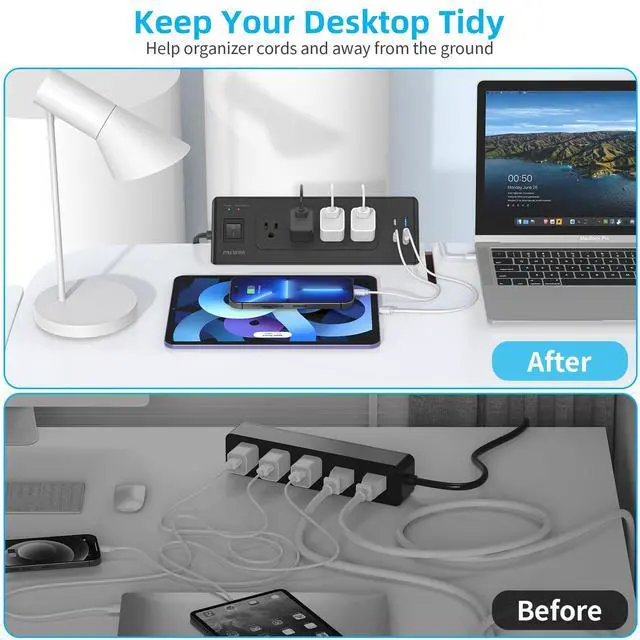 Alt view image 6 of 7 - Desk Clamp Power Strip with USB C, Desk Charging Station with 4 Outlets 4 USB Ports, Desktop Mounted Power Strip Surge Protector, 6.5ft Flat Plug Extension Cord, Fit 1.9 inch Tabletop Edge, Black