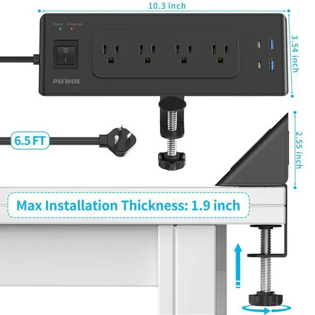Alt view image 7 of 7 - Desk Clamp Power Strip with USB C, Desk Charging Station with 4 Outlets 4 USB Ports, Desktop Mounted Power Strip Surge Protector, 6.5ft Flat Plug Extension Cord, Fit 1.9 inch Tabletop Edge, Black