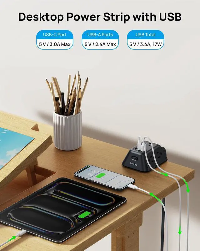 Alt view image 4 of 7 - Desk Clamp Power Strip, Surge Protector with 5 AC Outlets and 3 USB Ports, Desk Mount Charging Station, Fit 1.97in Tabletop Edge Thick, 6FT Extension Cord, for Home Office Gaming Accessories, Black