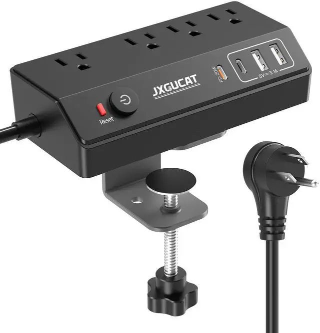 Main image of Desk Clamp Power Strip 10FT with PD 20W Fast Charging USB C, JXGUCAT Desktop Mount Power Strip Surge Protector, Removable Extension Cord with 4 Outlets 4 USB Ports, Fit 1.8" Tabletop Edge, Black