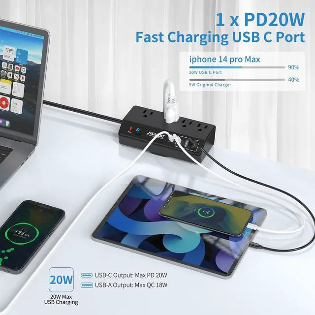 Alt view image 2 of 7 - Desk Clamp Power Strip 10FT with PD 20W Fast Charging USB C, JXGUCAT Desktop Mount Power Strip Surge Protector, Removable Extension Cord with 4 Outlets 4 USB Ports, Fit 1.8" Tabletop Edge, Black