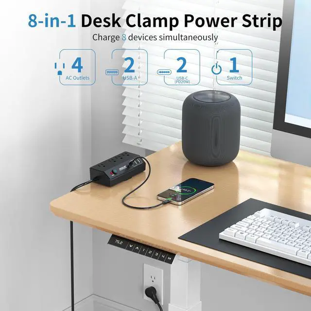 Alt view image 3 of 7 - Desk Clamp Power Strip 10FT with PD 20W Fast Charging USB C, JXGUCAT Desktop Mount Power Strip Surge Protector, Removable Extension Cord with 4 Outlets 4 USB Ports, Fit 1.8" Tabletop Edge, Black