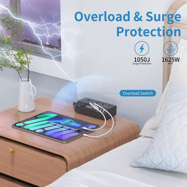Alt view image 4 of 7 - Desk Clamp Power Strip 10FT with PD 20W Fast Charging USB C, JXGUCAT Desktop Mount Power Strip Surge Protector, Removable Extension Cord with 4 Outlets 4 USB Ports, Fit 1.8" Tabletop Edge, Black