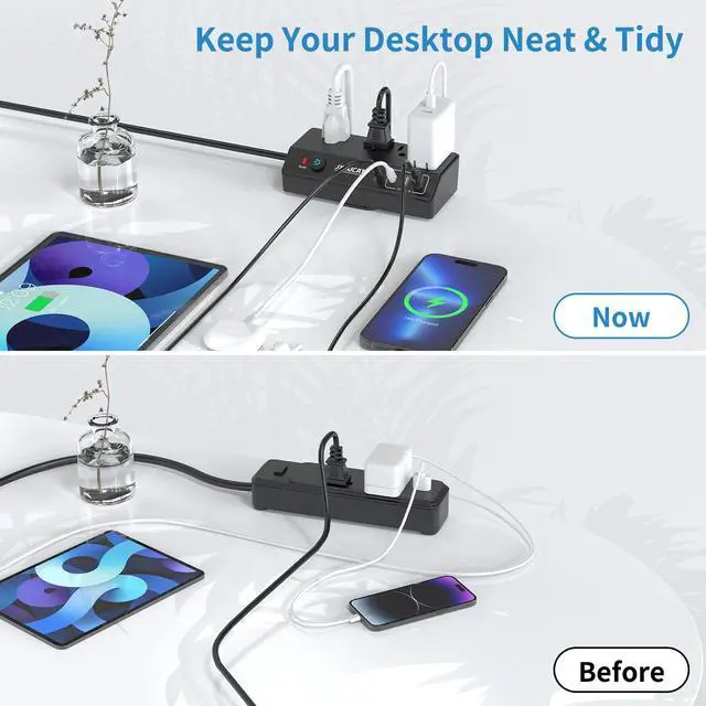 Alt view image 5 of 7 - Desk Clamp Power Strip 10FT with PD 20W Fast Charging USB C, JXGUCAT Desktop Mount Power Strip Surge Protector, Removable Extension Cord with 4 Outlets 4 USB Ports, Fit 1.8" Tabletop Edge, Black