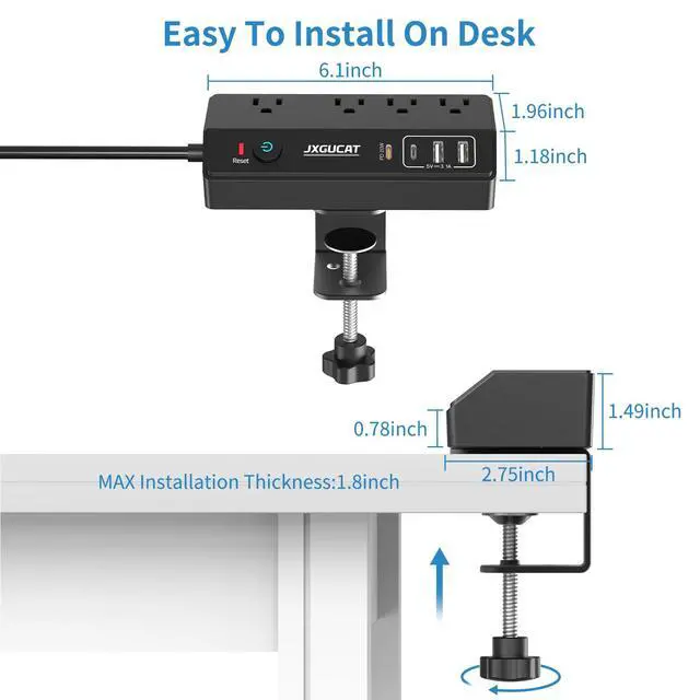 Alt view image 6 of 7 - Desk Clamp Power Strip 10FT with PD 20W Fast Charging USB C, JXGUCAT Desktop Mount Power Strip Surge Protector, Removable Extension Cord with 4 Outlets 4 USB Ports, Fit 1.8" Tabletop Edge, Black