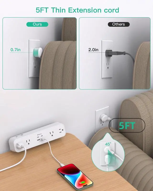 Alt view image 6 of 7 - PD30W Desk Clamp Power Strip, Desktop Mount Surge Protector, Fast Charging Station, 5Ft Extension Cord Desk Edge Mount Shelf with 4 Outlets 4 USB Ports (2 USB C), Home Office Accessories Essentials