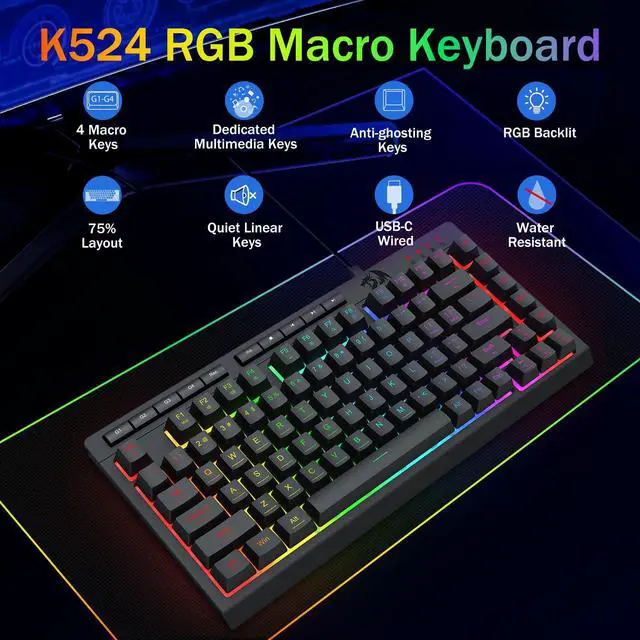 Alt view image 2 of 7 - K524 Wired Gaming Keyboard, RGB Backlit, 75% Compact Quiet Membrane Keyboard with Programmable Macro and Multimedia Keys, Anti-ghosting, Spill Resistant for Win/MAC/PS/Xbox