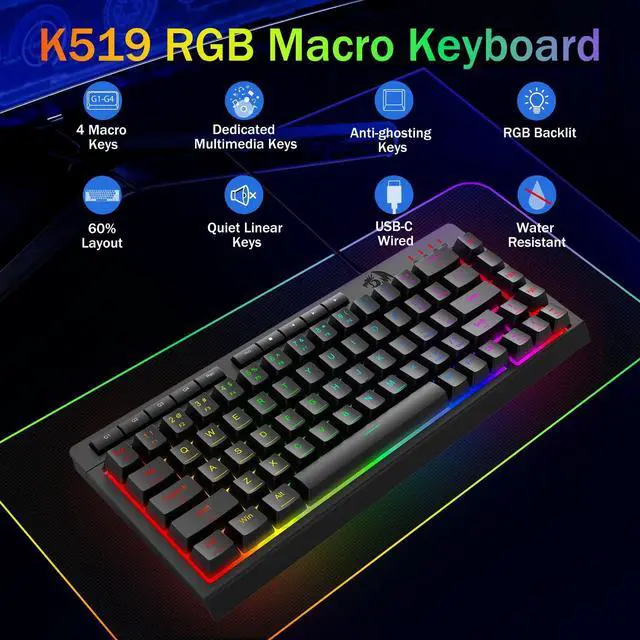 Alt view image 2 of 7 - Wired Gaming Keyboard, RGB Backlit, 60% Compact Quiet Membrane Keyboard with Programmable Macro and Multimedia Keys, Anti-ghosting, Spill Resistant for Win/MAC/PS/Xbox