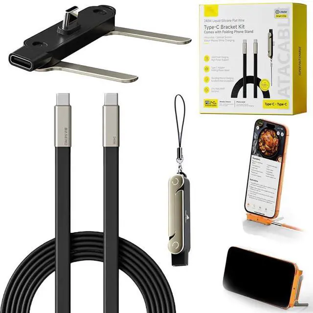Main image of SIDEWAY Phone Charger 240W Silicone Cable with Detachable Stand - Universal Type-C, 90° Angle, 480Mbps Data Transfer Speed(balck)