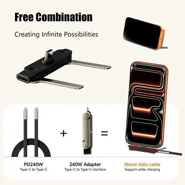 Alt view image 2 of 7 - SIDEWAY Phone Charger 240W Silicone Cable with Detachable Stand - Universal Type-C, 90° Angle, 480Mbps Data Transfer Speed(balck)