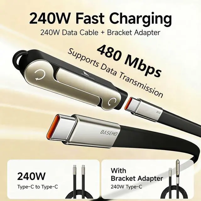 Alt view image 6 of 7 - SIDEWAY Phone Charger 240W Silicone Cable with Detachable Stand - Universal Type-C, 90° Angle, 480Mbps Data Transfer Speed(balck)