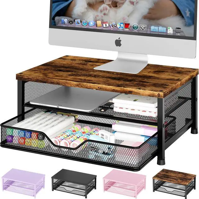 Main image of Computer Monitor Stand Riser, Desk Organizer with Drawer, Printer & Laptop Stand, Office Desk Accessories & Workspace Desktop Organizers Storage for Office Supplies(Brown)