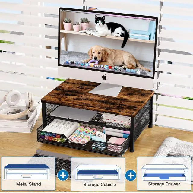 Alt view image 3 of 7 - Computer Monitor Stand Riser, Desk Organizer with Drawer, Printer & Laptop Stand, Office Desk Accessories & Workspace Desktop Organizers Storage for Office Supplies(Brown)