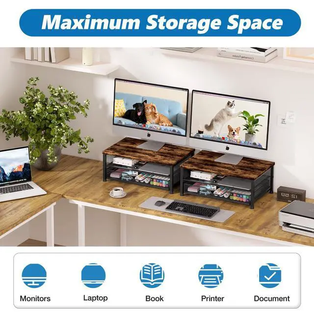 Alt view image 5 of 7 - Computer Monitor Stand Riser, Desk Organizer with Drawer, Printer & Laptop Stand, Office Desk Accessories & Workspace Desktop Organizers Storage for Office Supplies(Brown)