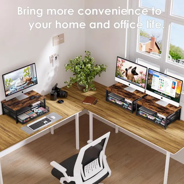 Alt view image 6 of 7 - Computer Monitor Stand Riser, Desk Organizer with Drawer, Printer & Laptop Stand, Office Desk Accessories & Workspace Desktop Organizers Storage for Office Supplies(Brown)