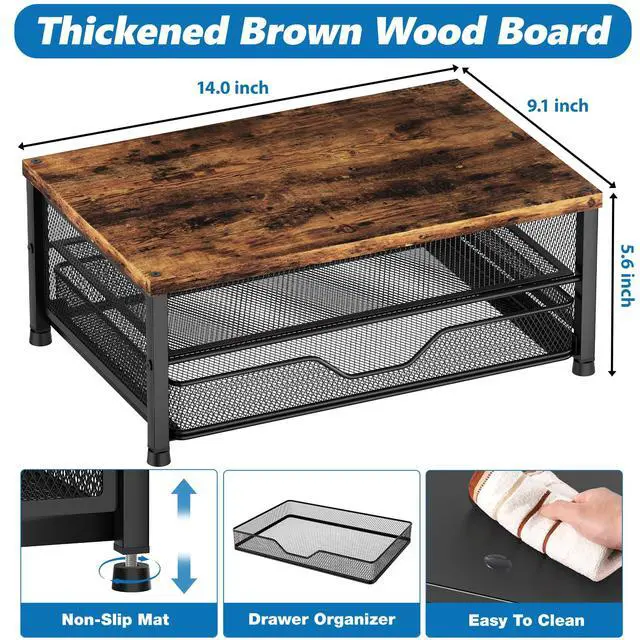 Alt view image 7 of 7 - Computer Monitor Stand Riser, Desk Organizer with Drawer, Printer & Laptop Stand, Office Desk Accessories & Workspace Desktop Organizers Storage for Office Supplies(Brown)