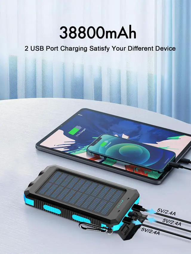Alt view image 2 of 7 - Solar Charger, 38800mAh Solar Power Bank, Waterproof External Backup Battery Power Pack with USB C Input/Output/LED Flashlights Compatible with iPhone, Samsung, iPad, Suitable for Outdoor, Camping