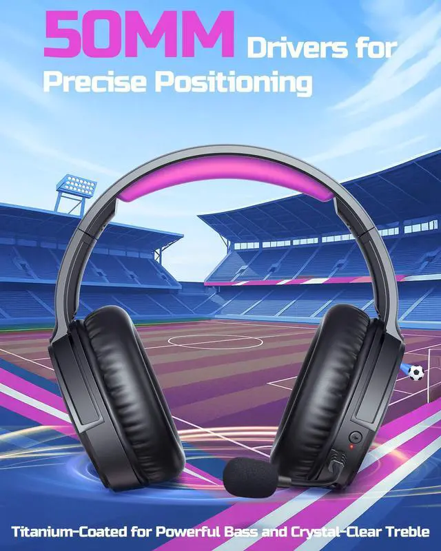 Alt view image 2 of 7 - Wireless Gaming Headset 2.4GHz Low-Latency USB Dongle + Bluetooth, 50mm Drivers 7.1 Surround, Noise-Cancelling Mic, 40H Battery Over Ear Wireless Headphones for PS5, PC, Laptop, Purple