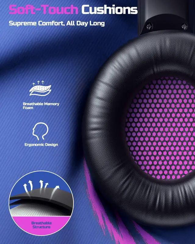 Alt view image 4 of 7 - Wireless Gaming Headset 2.4GHz Low-Latency USB Dongle + Bluetooth, 50mm Drivers 7.1 Surround, Noise-Cancelling Mic, 40H Battery Over Ear Wireless Headphones for PS5, PC, Laptop, Purple