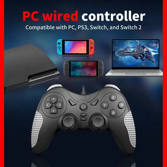 Alt view image 2 of 7 - Wired Game Controller for PC/NS1/NS2/PS3, Hall Effect Joysticks, Dual Vibration, Turbo & Auto Rapid Fire, Xinput Dinput Switchable, C Button, Plug and Play USB Cable