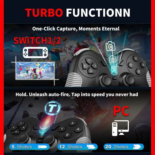 Alt view image 5 of 7 - Wired Game Controller for PC/NS1/NS2/PS3, Hall Effect Joysticks, Dual Vibration, Turbo & Auto Rapid Fire, Xinput Dinput Switchable, C Button, Plug and Play USB Cable
