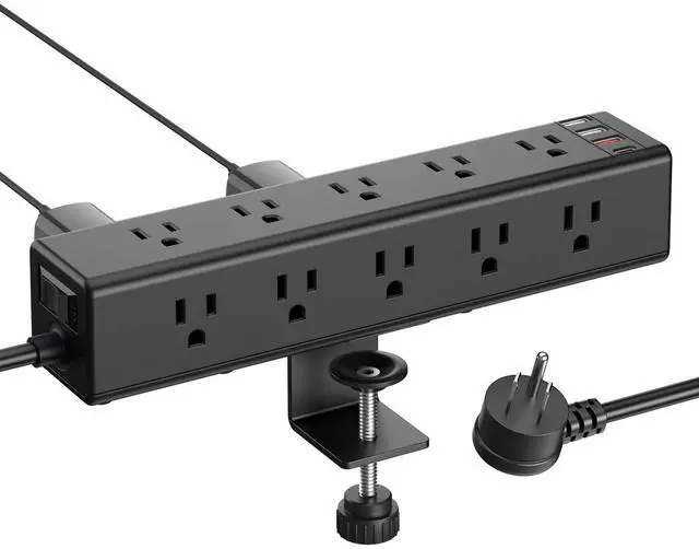 Main image of Standing Desk Clamp Power Strip with 15 Outlets, Widely Spaced Desktop Edge Mount Surge Protector Outlet, Fast Charging USB-A and USB-C Ports, 6 FT Flat Plug, Black Fit 1.6 inch Table top.