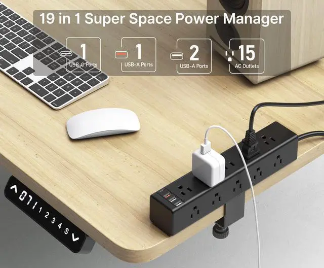 Alt view image 2 of 7 - Standing Desk Clamp Power Strip with 15 Outlets, Widely Spaced Desktop Edge Mount Surge Protector Outlet, Fast Charging USB-A and USB-C Ports, 6 FT Flat Plug, Black Fit 1.6 inch Table top.