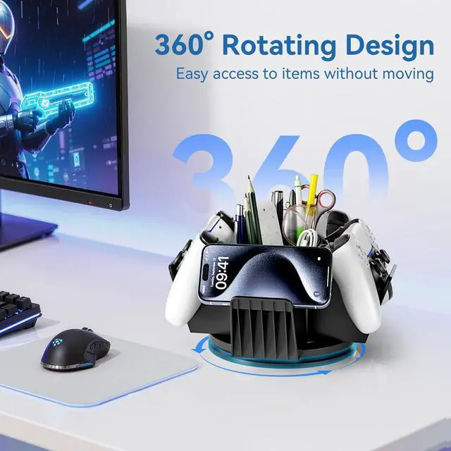 Alt view image 2 of 7 - Controller Organizer for Desktop - 360°Rotatable Controller Holder with Storage Box - Universal Stand for 4 Controllers, Desk Organizer for Switch Remote Control Pen Gamer Accessories