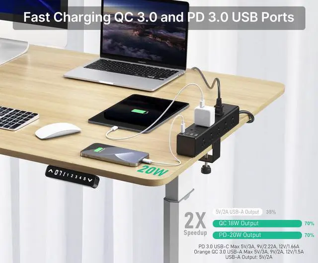 Alt view image 3 of 7 - Standing Desk Clamp Power Strip with 15 Outlets, Widely Spaced Desktop Edge Mount Surge Protector Outlet, Fast Charging USB-A and USB-C Ports, 6 FT Flat Plug, Black Fit 1.6 inch Table top.