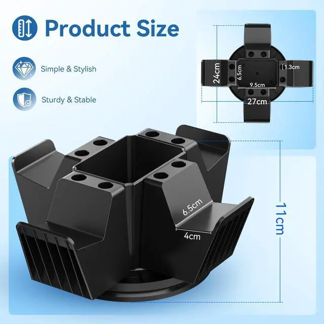 Alt view image 4 of 7 - Controller Organizer for Desktop - 360°Rotatable Controller Holder with Storage Box - Universal Stand for 4 Controllers, Desk Organizer for Switch Remote Control Pen Gamer Accessories