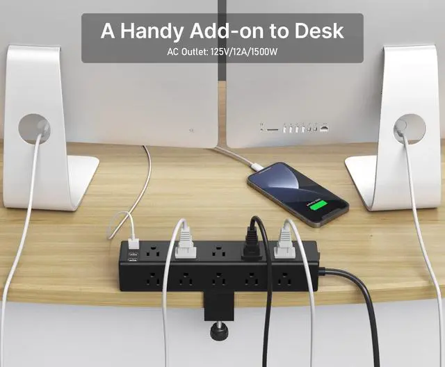 Alt view image 4 of 7 - Standing Desk Clamp Power Strip with 15 Outlets, Widely Spaced Desktop Edge Mount Surge Protector Outlet, Fast Charging USB-A and USB-C Ports, 6 FT Flat Plug, Black Fit 1.6 inch Table top.