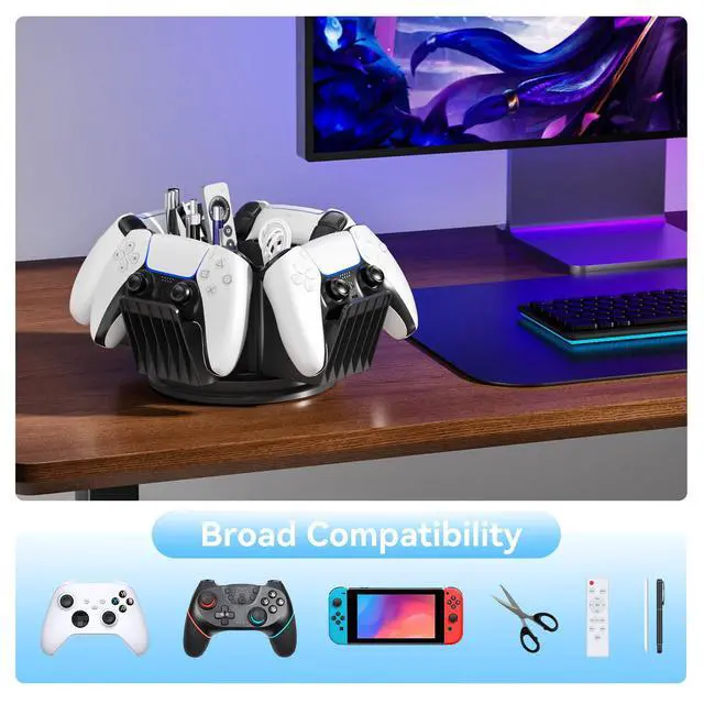 Alt view image 3 of 7 - Controller Organizer for Desktop - 360°Rotatable Controller Holder with Storage Box - Universal Stand for 4 Controllers, Desk Organizer for Switch Remote Control Pen Gamer Accessories