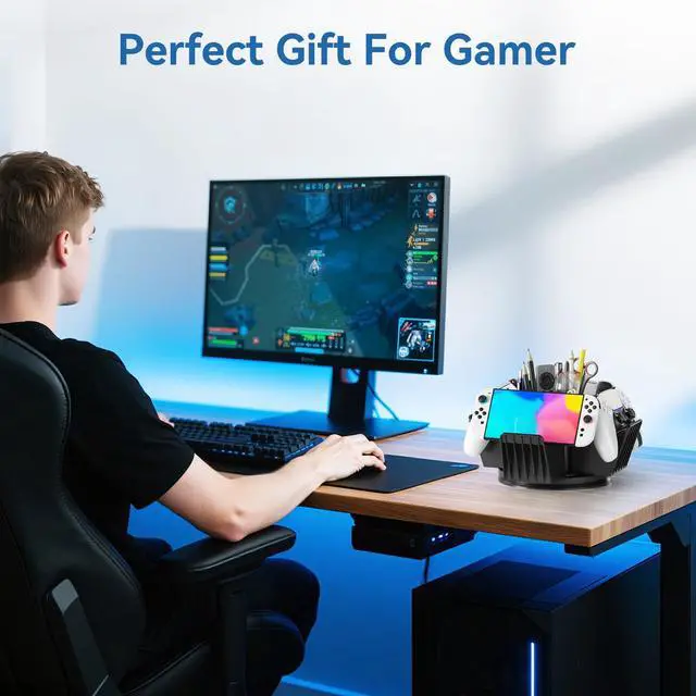 Alt view image 5 of 7 - Controller Organizer for Desktop - 360°Rotatable Controller Holder with Storage Box - Universal Stand for 4 Controllers, Desk Organizer for Switch Remote Control Pen Gamer Accessories