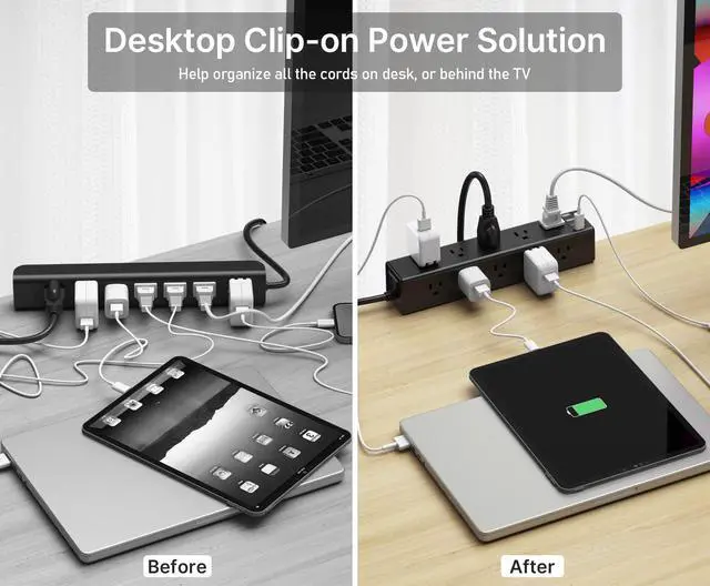 Alt view image 5 of 7 - Standing Desk Clamp Power Strip with 15 Outlets, Widely Spaced Desktop Edge Mount Surge Protector Outlet, Fast Charging USB-A and USB-C Ports, 6 FT Flat Plug, Black Fit 1.6 inch Table top.