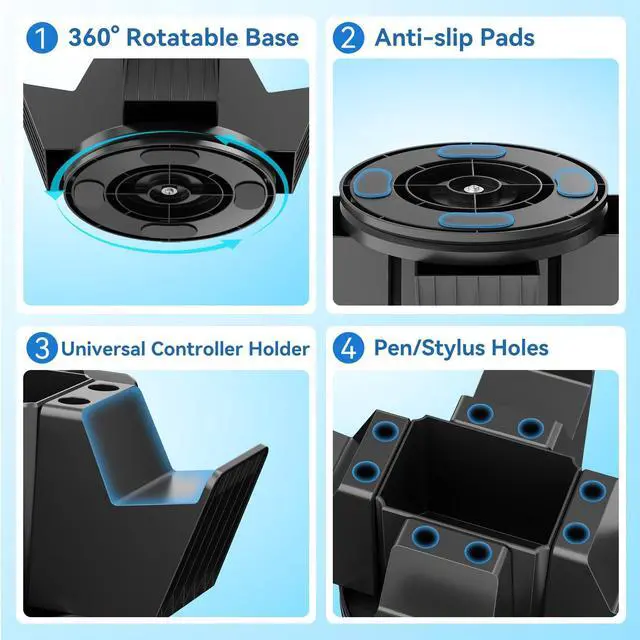 Alt view image 6 of 7 - Controller Organizer for Desktop - 360°Rotatable Controller Holder with Storage Box - Universal Stand for 4 Controllers, Desk Organizer for Switch Remote Control Pen Gamer Accessories