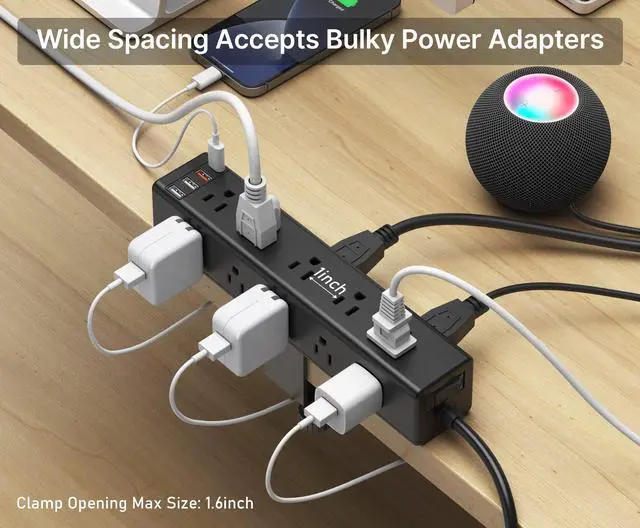 Alt view image 6 of 7 - Standing Desk Clamp Power Strip with 15 Outlets, Widely Spaced Desktop Edge Mount Surge Protector Outlet, Fast Charging USB-A and USB-C Ports, 6 FT Flat Plug, Black Fit 1.6 inch Table top.