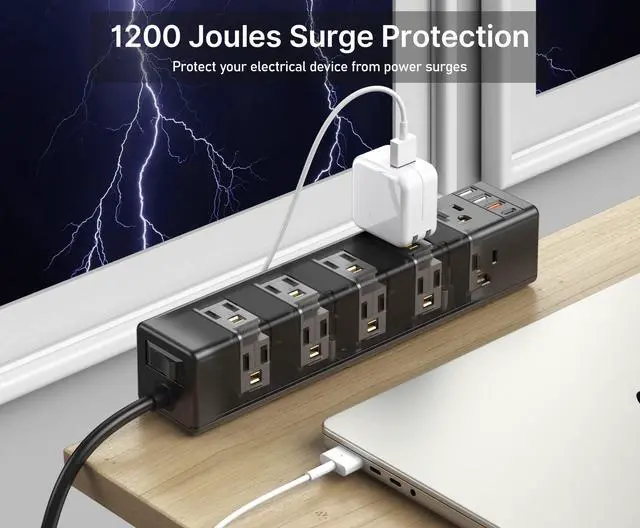 Alt view image 7 of 7 - Standing Desk Clamp Power Strip with 15 Outlets, Widely Spaced Desktop Edge Mount Surge Protector Outlet, Fast Charging USB-A and USB-C Ports, 6 FT Flat Plug, Black Fit 1.6 inch Table top.