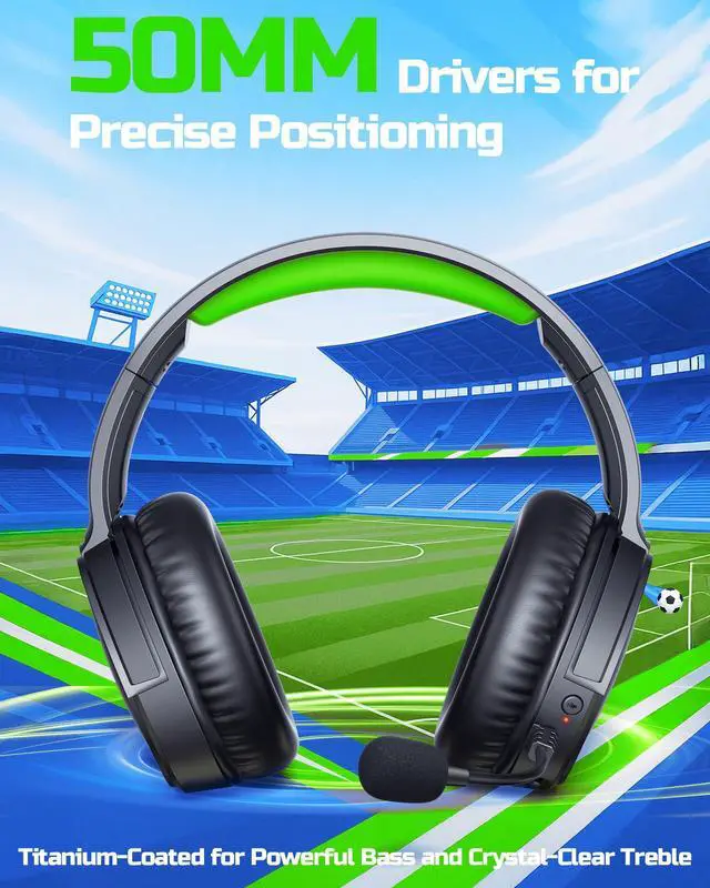 Alt view image 2 of 7 - Wireless Gaming Headset 2.4GHz Low-Latency USB Dongle + Bluetooth, 50mm Drivers 7.1 Surround, Noise-Cancelling Mic, 40H Battery Over Ear Wireless Headphones for PS5, PC, Laptop, Green