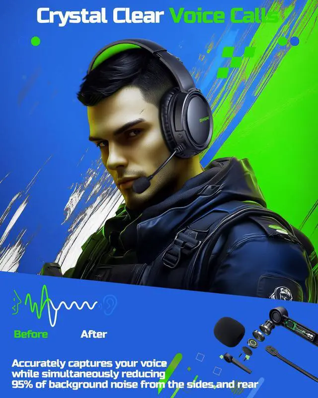 Alt view image 3 of 7 - Wireless Gaming Headset 2.4GHz Low-Latency USB Dongle + Bluetooth, 50mm Drivers 7.1 Surround, Noise-Cancelling Mic, 40H Battery Over Ear Wireless Headphones for PS5, PC, Laptop, Green