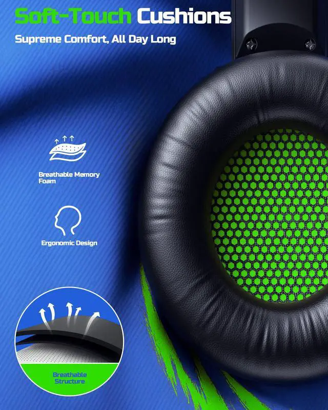 Alt view image 4 of 7 - Wireless Gaming Headset 2.4GHz Low-Latency USB Dongle + Bluetooth, 50mm Drivers 7.1 Surround, Noise-Cancelling Mic, 40H Battery Over Ear Wireless Headphones for PS5, PC, Laptop, Green